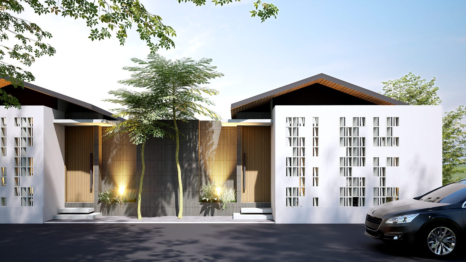 Twin entrances of Kalyra West and East villas, mirrored facade