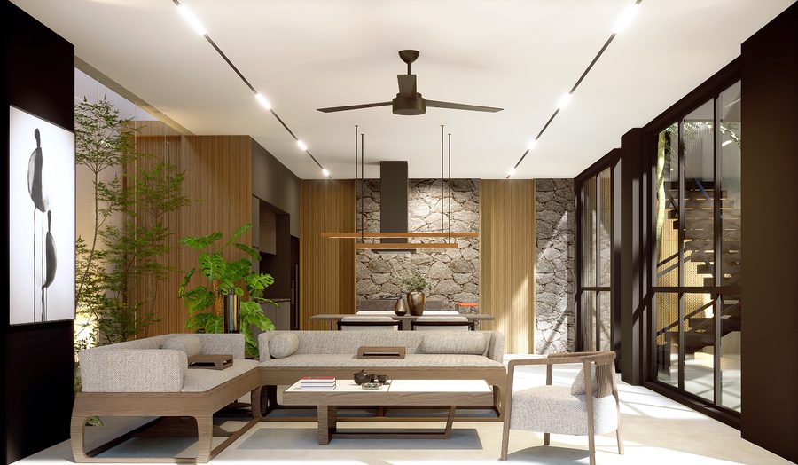 Living room with stone feature wall and jungle light