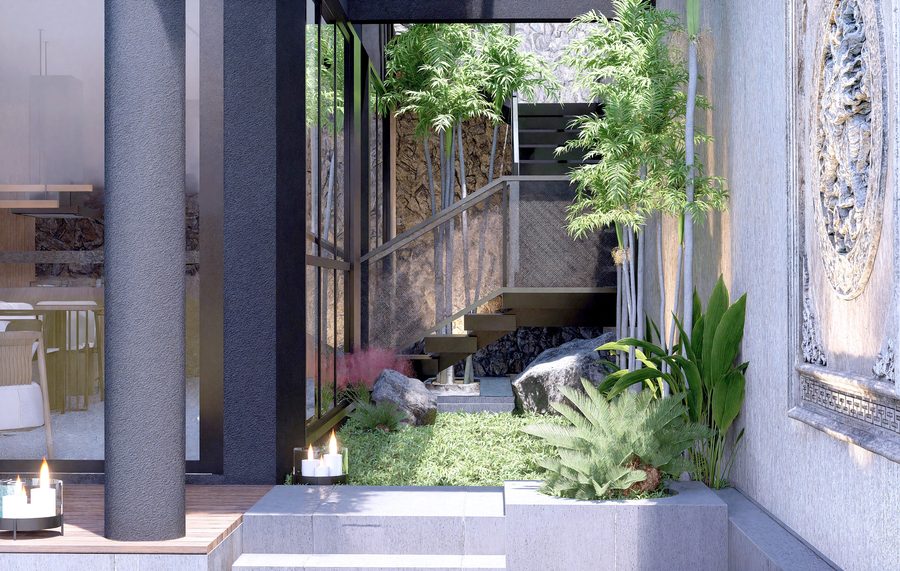 Pool and villa facade in the garden