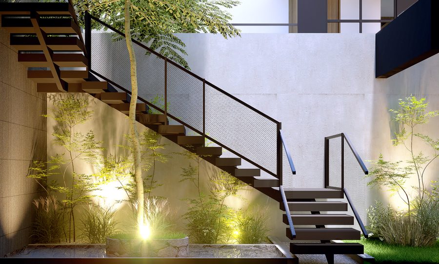 Floating staircase through the lit jungle garden